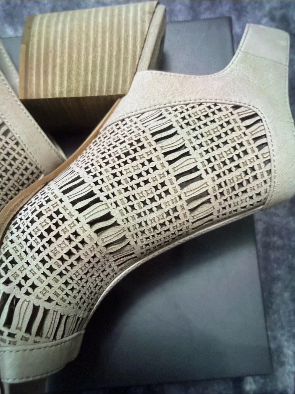 Vince Camuto Taupe Laser-Cut Peep-Toe Wedge Sandals